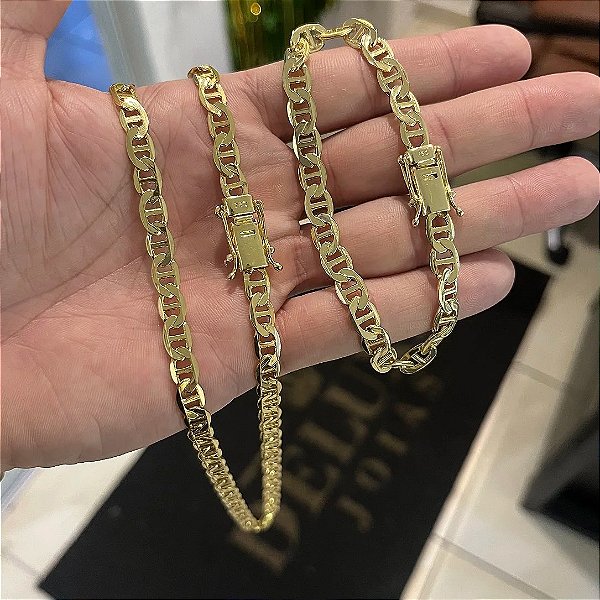 Corrente Piastrine 7mm 70cm + Pulseira 21cm – Banhada a Ouro 18K
