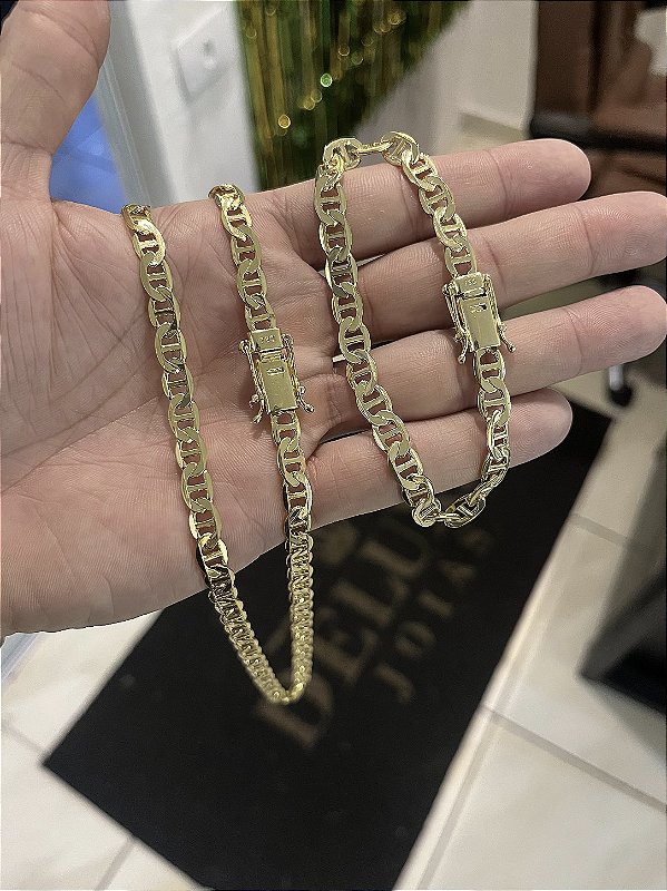 Corrente Piastrine 7mm 70cm + Pulseira 21cm – Banho Ouro 18k