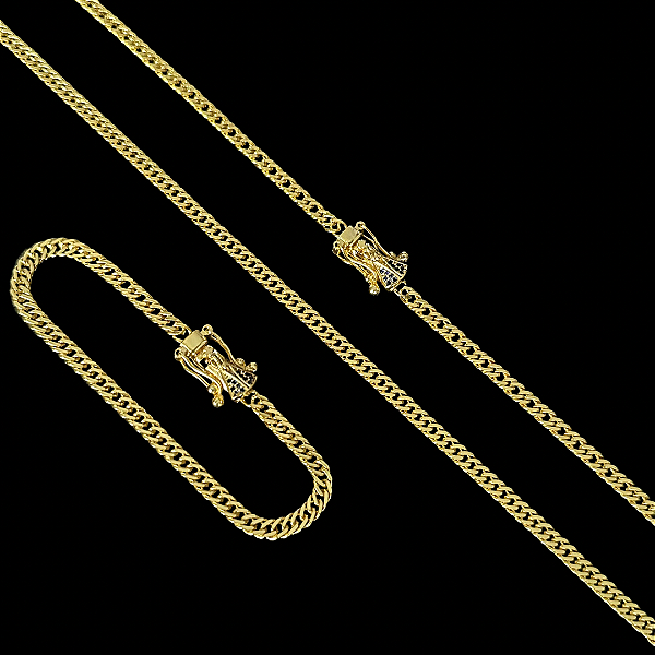 Corrente Lacraia 4mm + Pulseira 21cm – Banho Ouro 18k