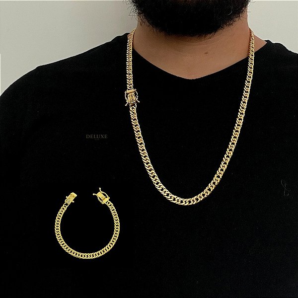 CORRENTE + PULSEIRA LACRAIA FECHO COM NOSSA SENHORA (7mm -70CM)-  46G - FECHO COM MARCAÇÃO 750 -BANHADO A OURO 18K
