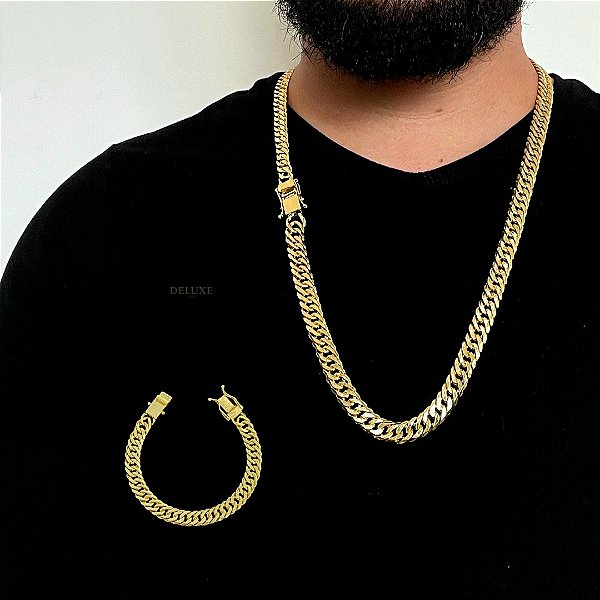 Corrente Lacraia 10mm 70cm + Pulseira 21cm – Banhada a Ouro 18K