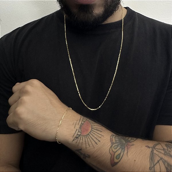 CORRENTE TIJOLINHO FECHO BOIA (2mm- 70cm) + PULSEIRA TIJOLINHO FECHO BOIA (2mm- 20cm) - BANHADO A OURO 18K