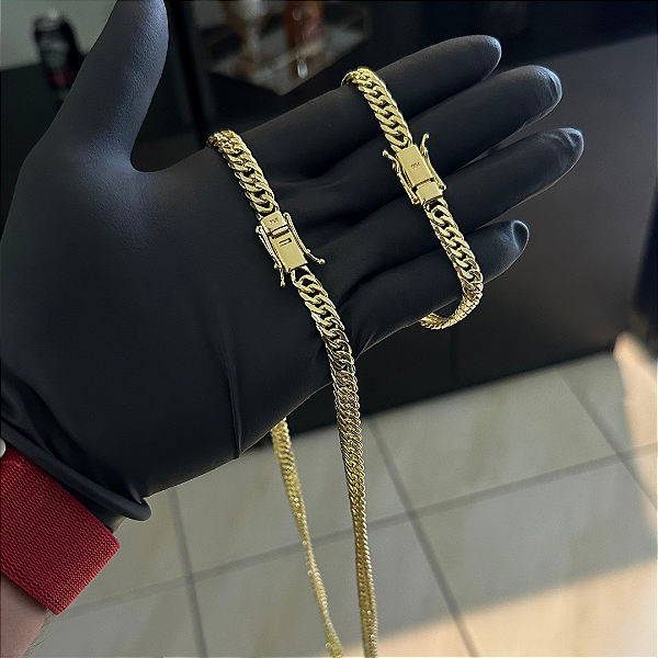 Corrente Lacraia 7mm 70cm + Pulseira 21cm – Banhada a Ouro 18K