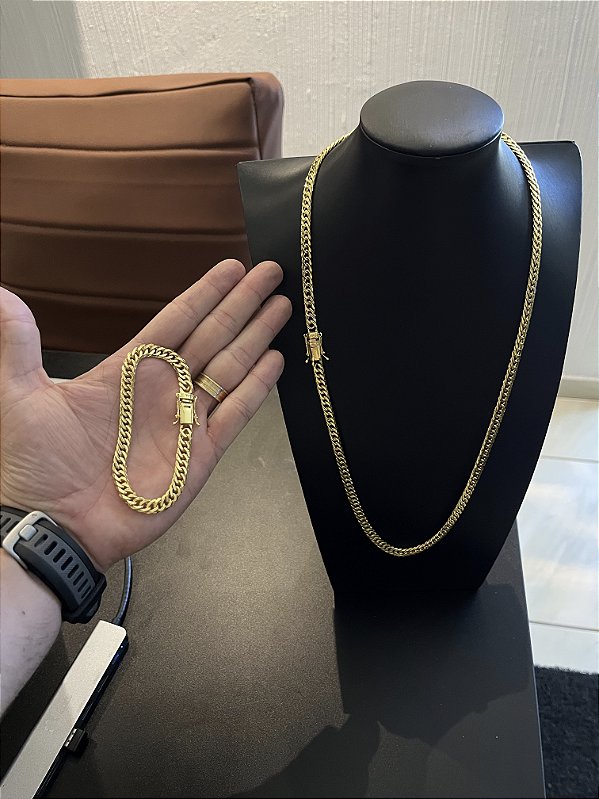 CORRENTE LACRAIA  FECHO GAVETA  (7mm-70cm)  + PULSEIRA LACRAIA  FECHO GAVETA (7mm-20cm) - FECHO COM MARCAÇÃO 750 - BANHADO A OURO 18K