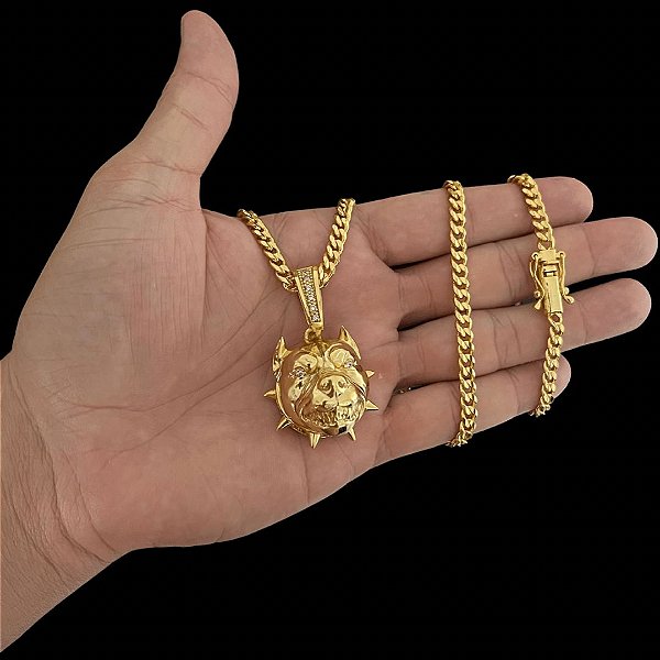 CORRENTE PITBULL (4MM- 70CM) + PINGENTE PITBULL 5D - BANHADO A OURO 18K