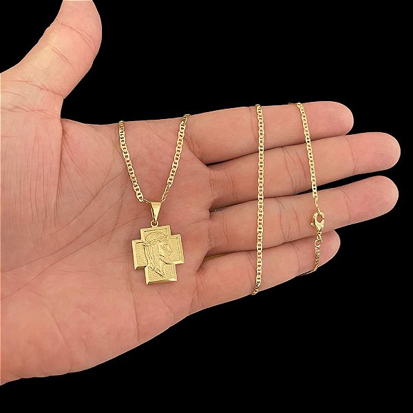 CORRENTE PIASTRINE( 2mm - 70cm) + PINGENTE CRUZ COM FACE DE CRISTO - BANHADO A OURO 18K.