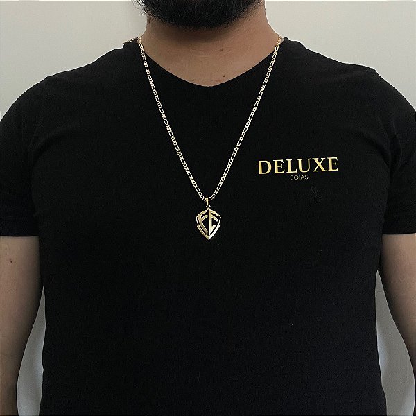 CORRENTE 3x1( 2mm 70/60cm) + PINGENTE ESCUDO DA FÉ VAZADO  - BANHADO A OURO 18k