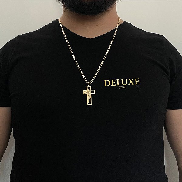CORRENTE 3x1( 2mm- 70/60cm) + PINGENTE CRUCIFIXO JESUS 3D MÉDIO - BANHADO A OURO 18k