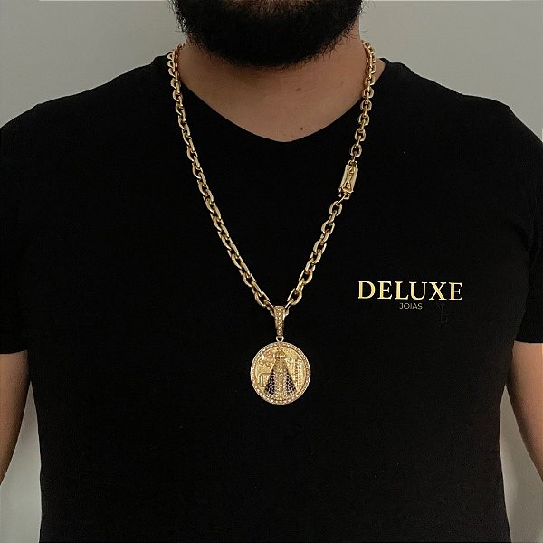 CORRENTE CADEADO( 8mm- 70cm) + PINGENTE MEDALHA NOSSA SENHORA CRAVEJADO EM ZIRCONIA  - BANHADO A OURO 18k