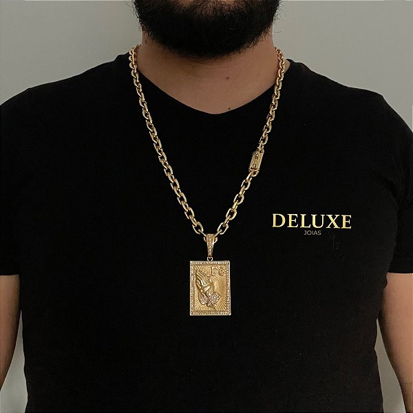 CORRENTE CADEADO( 8mm- 70cm) + PINGENTE PLACA FÉ CRAVEJADA EM ZIRCONIA - FECHO COM MARCAÇÃO 750 - BANHADO A OURO 18k