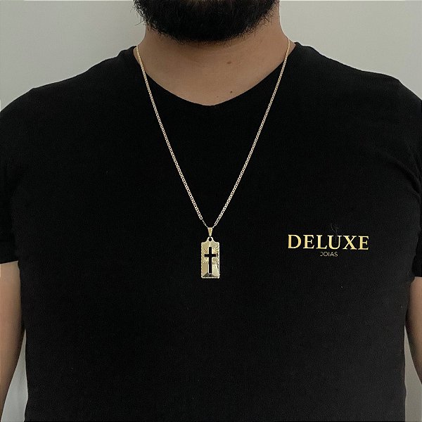 CORRENTE PIASTRINE( 2mm - 70cm) + PINGENTE PLACA COM CRUZ VAZADA M- BANHADO A OURO 18K.