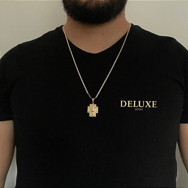 CORRENTE PIASTRINE( 2mm - 70cm) + PINGENTE CRUZ LEÃO DA TRIBO DE JUDA M - BANHADO A OURO 18 K