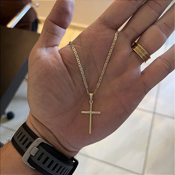 Corrente Piastrine 2mm 70cm + Pingente Cruz Palito – Banhada a Ouro 18K