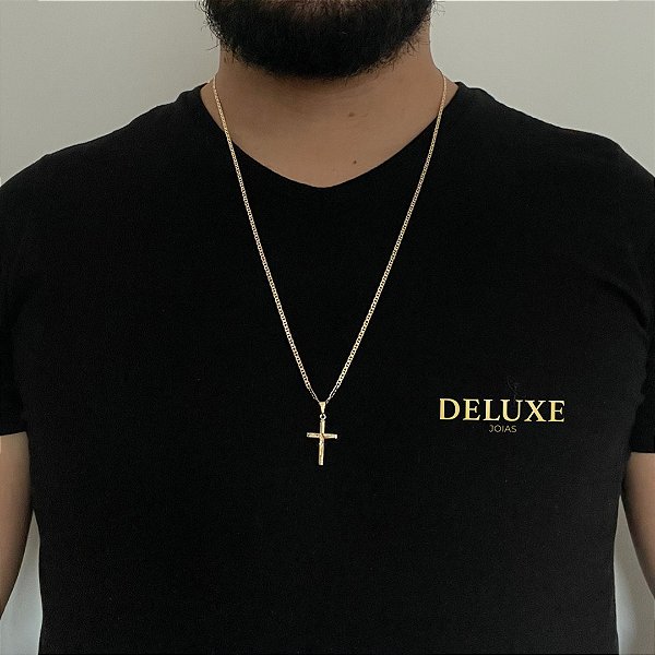 CORRENTE PIASTRINE( 2mm - 70cm) + PINGENTE CRUCIFIXO  P - BANHADO A OURO 18K.