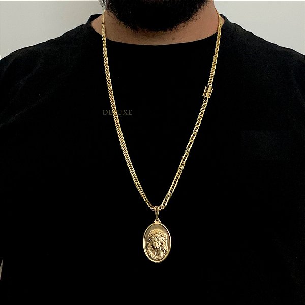 Corrente Lacraia 4mm 70cm + Pingente Jesus – Banho Ouro 18k