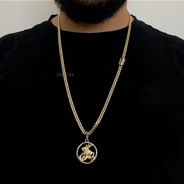 Corrente Lacraia 4mm 70cm + Pingente Medalha – Banho Ouro 18k