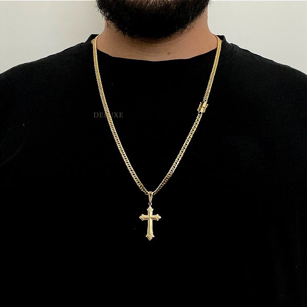 Corrente Lacraia 4mm 70cm + Pingente Cruz – Banho Ouro 18k