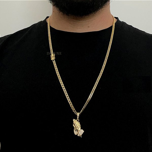 CORRENTE LACRAIA (4mm -70Cm )+ PINGENTE CRAVEJADO MÃO ORANDO - BANHADO A OURO 18K