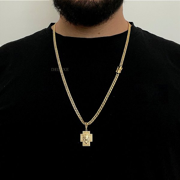 Corrente Lacraia 4mm 70cm + Pingente Cruz – Banho Ouro 18k