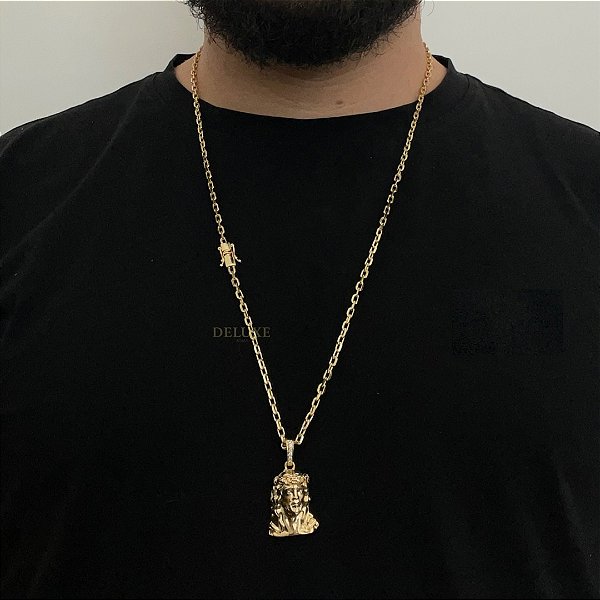 CORRENTE CADEADO( 3mm -70Cm) + PINGENTE ROSTO JESUS CRAVEJADO - FECHO COM MARCAÇÃO 750 - BANHO DE OURO 18K