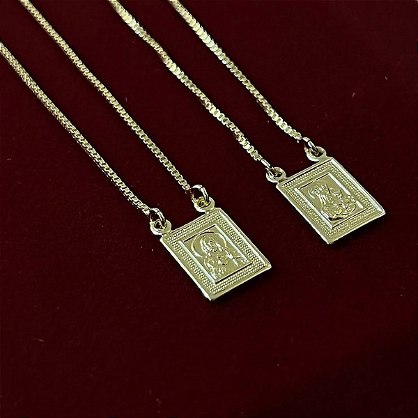 Escapulário Corrente Veneziana 2mm 60cm com Pingentes Sagrado Coração e Nossa Senhora – Banhado a Ouro 18K