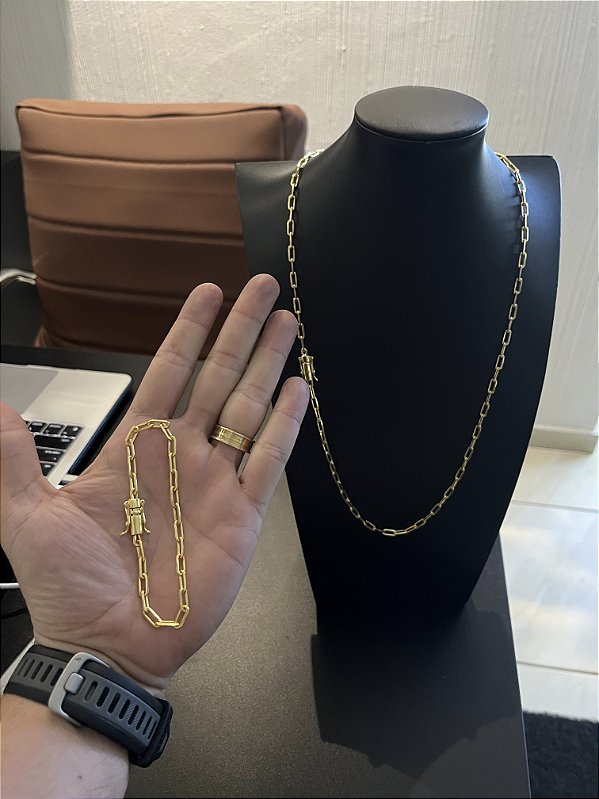 CORRENTE CARTIE (4mm- 70cm) + PULSEIRA CARTIE FECHO GAVETA (4mm- 20cm)  - FECHO GAVETA COM MARCAÇÃO 750 BANHADO A OURO 18K