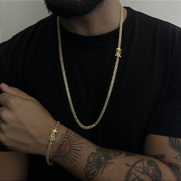 Corrente Cadeado 5mm 70cm + Pulseira 21cm – Banho Ouro 18k