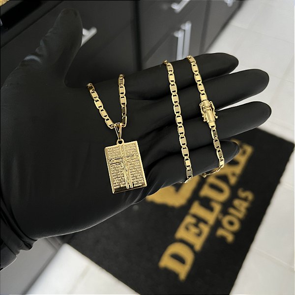 CORRENTE PIASTRINE FECHO GAVETA COM MARCAÇÃO  750 (4mm - 70cm )+ PINGENTE  PLACA COM JESUS E ORAÇÃO - BANHADO A OURO 18K