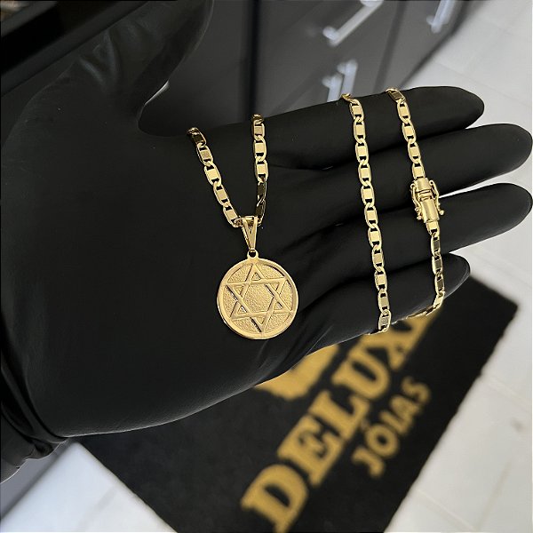 CORRENTE PIASTRINE FECHO GAVETA COM MARCAÇÃO  750 (4mm - 70cm )+ PINGENTE  MEDALHA ESTRELA DE DAVI  - BANHADO A OURO 18K