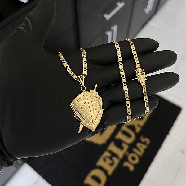 CORRENTE PIASTRINE FECHO GAVETA COM MARCAÇÃO  750 (4mm - 70cm )+ PINGENTE  ESCUDO DA FÉ MACIÇO - BANHADO A OURO 18K