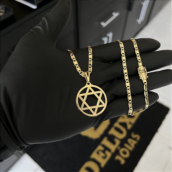 CORRENTE PIASTRINE FECHO GAVETA COM MARCAÇÃO  750 (4mm - 70cm )+ PINGENTE  ESTRELA DE DAVI VAZADA - BANHADO A OURO 18K