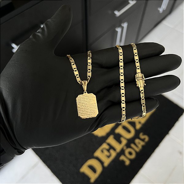 CORRENTE PIASTRINE FECHO GAVETA COM MARCAÇÃO  750 (4mm - 70cm )+ PINGENTE MEDALHA COM ORAÇÃO  PAI NOSSO - BANHADO A OURO 18K