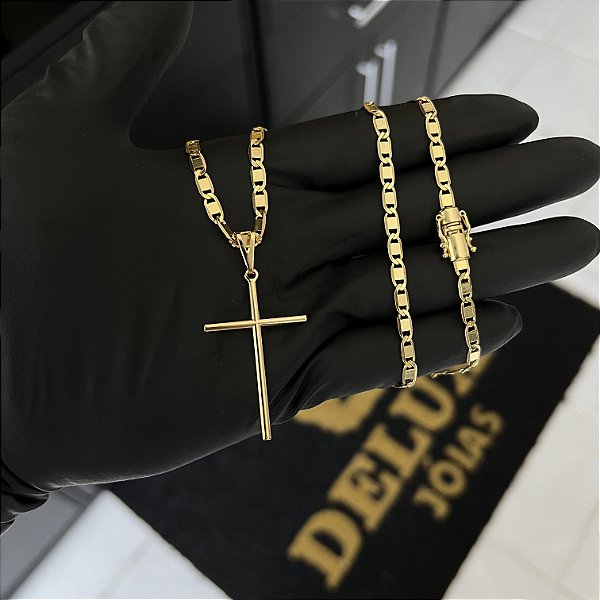 CORRENTE PIASTRINE FECHO GAVETA COM MARCAÇÃO  750 (4mm - 70cm )+ PINGENTE CRUZ PALITO MÉDIA  - BANHADO A OURO 18K