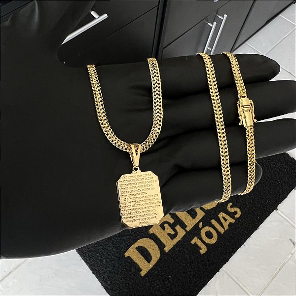 CORRENTE GRUMET DUPLA FECHO GAVETA COM MARCAÇÃO  750 (4mm - 70cm )+ PINGENTE PLACA PAI NOSSO  - BANHADO A OURO 18K