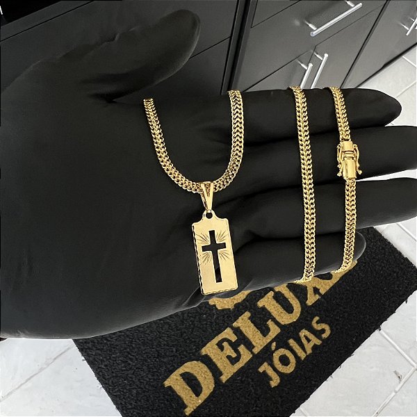CORRENTE GRUMET DUPLA FECHO GAVETA COM MARCAÇÃO  750 (4mm - 70cm )+ PINGENTE PLACA COM CRUZ VAZADA   - BANHADO A OURO 18K