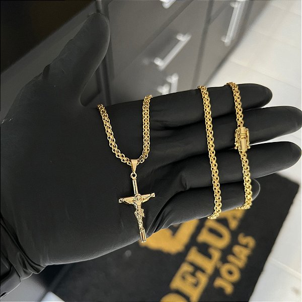 CORRENTE CADEADO DUPLO FECHO GAVETA COM MARCAÇÃO  750 (3mm - 70cm )+ PINGENTE CRUCIFIXO  - BANHADO A OURO 18K