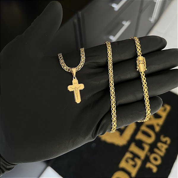 CORRENTE CADEADO DUPLO FECHO GAVETA COM MARCAÇÃO  750 (3mm - 70cm )+ PINGENTE CRUCIFIXO - BANHADO A OURO 18K