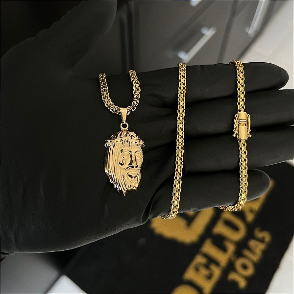 CORRENTE CADEADO DUPLO FECHO GAVETA COM MARCAÇÃO  750 (3mm - 70cm )+ PINGENTE ROSTO DE CRISTO - BANHADO A OURO 18K