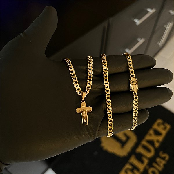 CORRENTE PITBULL (4MM- 70CM) + PINGENTE CRUCIFIXO  - BANHADO A OURO 18K