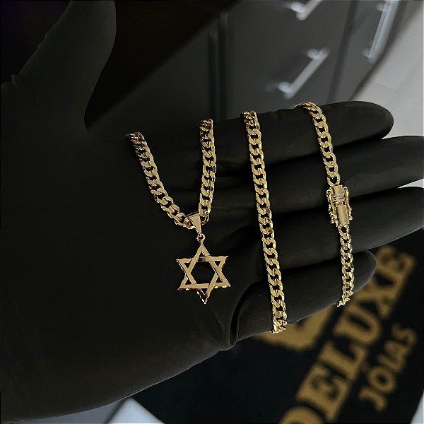 CORRENTE PITBULL (4MM- 70CM) + PINGENTE ESTRELA DE DAVI - BANHADO A OURO 18K