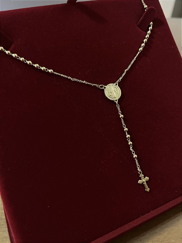 TERÇO MEDALHA SÃO BENTO 40cm (2mm - 7G) - BANHO DE OURO 18K