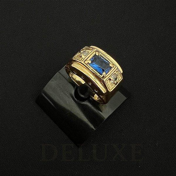 ANEL AZUL CRAVEJADO COM ZIRCONIA PREMIUM LATERAL - BANHADO A OURO 18K