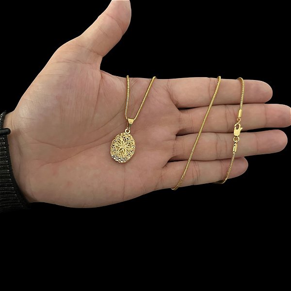 CORRENTE RABO DE RATO ( 2mm-70cm) + PINGENTE RELICÁRIO  M - BANHADO A OURO 18K.