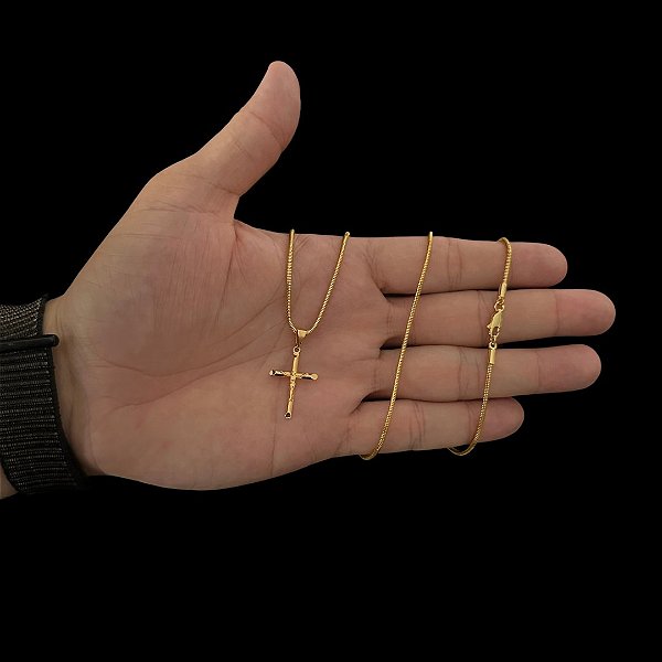 CORRENTE RABO DE RATO ( 2mm-70cm) + PINGENTE CRUCIFIXO P - BANHADO A OURO 18K.