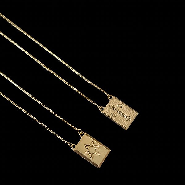 Escapulário Corrente Veneziana 70cm com Pingente Cruz e Pingente Estrela de Davi – Banho Ouro 18K