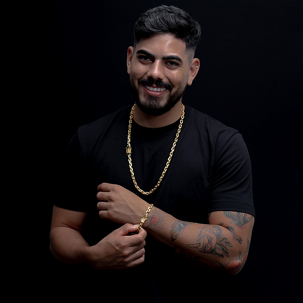 Corrente Cadeado 8mm 70cm + Pulseira 21cm – Banho Ouro 18k