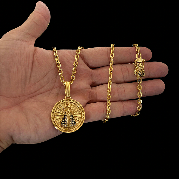 Corrente Cadeado 3mm 70cm + Pingente Nossa Senhora – Banhada a Ouro 18K