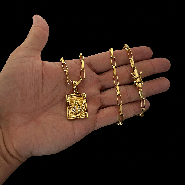 CORRENTE CARTIE TIJOLINHO ( 70cm- 4mm) + PINGENTE PLACA NOSSA SENHORA CRAVEJADA M - BANHADO A OURO 18K