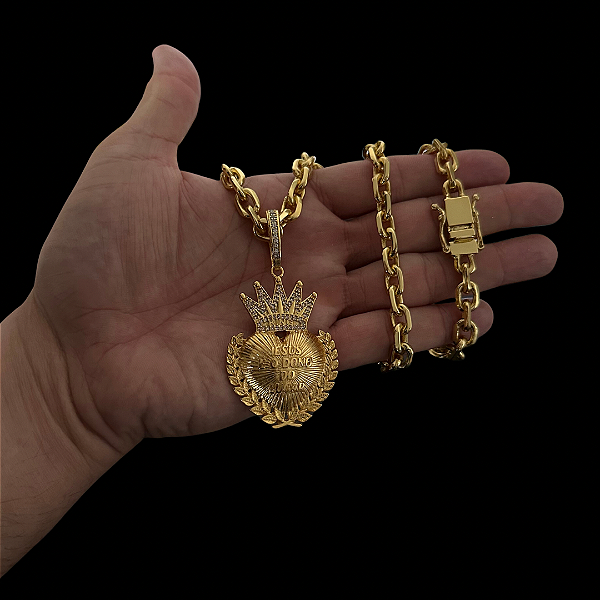 CORRENTE CADEADO   ( 70cm- 8mm) + PINGENTE  CORAÇÃO FAVELA VENCEU G - BANHADO A OURO 18K