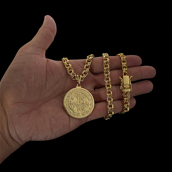 CORRENTE FRISO DUPLO  ( 70cm- 7mm) + PINGENTE  MEDALHA DE SÃO BENTO   M - FECHO COM MARCAÇÃO 750 -  BANHADO A OURO 18K